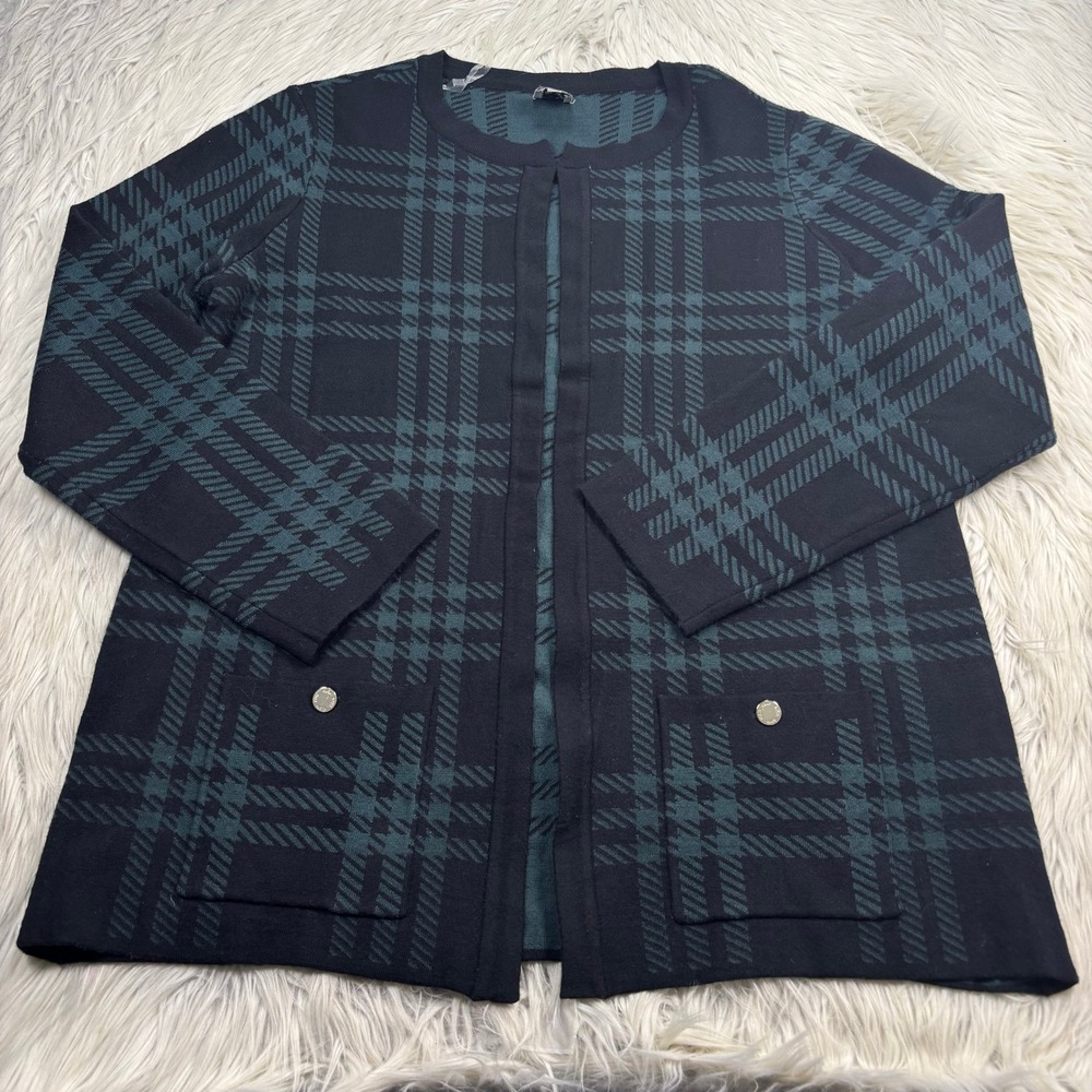Anne Klein Women's M Black Green Plaid Cardigan Preppy Old Money Office Heritage